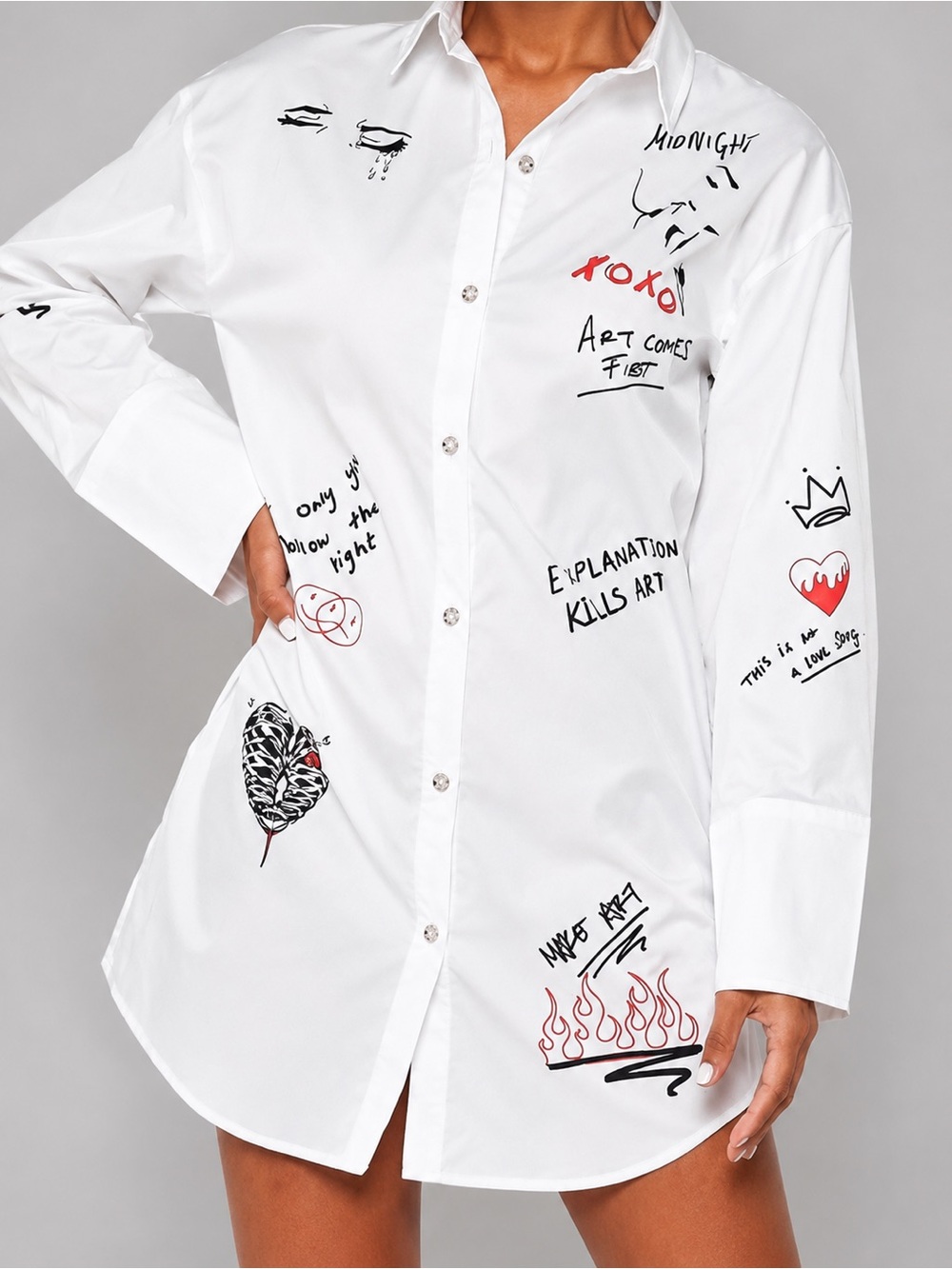 NWOT Maniere De Voir White Graffiti Art Print Buttoned Long Shirt Tunic US10 - Picture 2 of 9